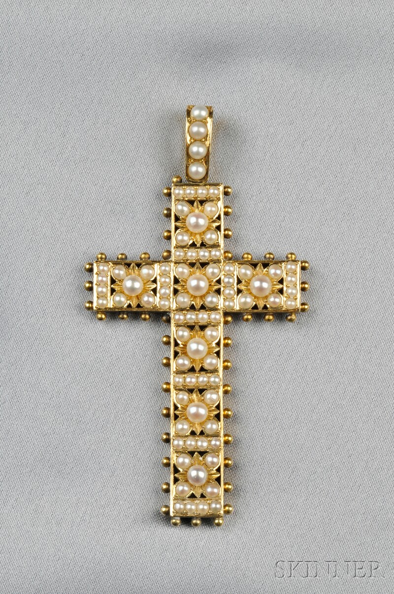 Appraisal: Antique kt Gold and Pearl Pendant Cross set throughout with