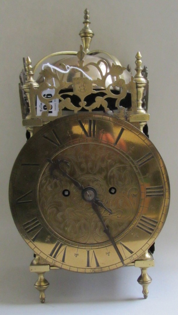 Appraisal: A quarter striking brass lantern clock later Victorian Movement the