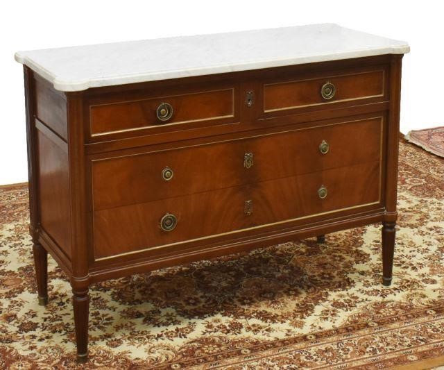 Appraisal: French Louis XVI style marble-top mahogany commode th c having