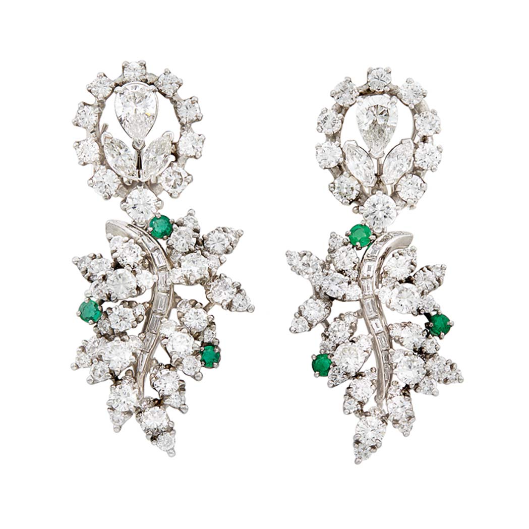 Appraisal: Pair of Platinum Diamond and Emerald Pendant-Earrings pear-shaped diamonds ap