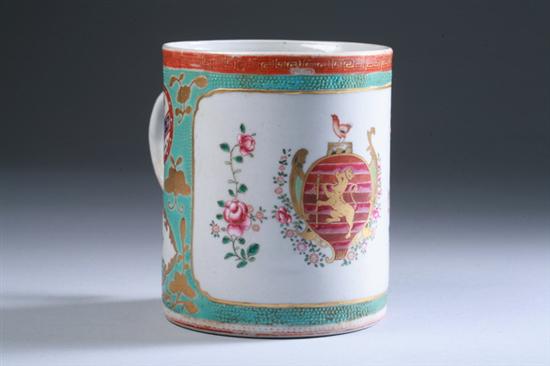 Appraisal: CHINESE ARMORIAL FAMILLE ROSE PORCELAIN TURQUOISE CHICKEN SKIN MUG Qianlong