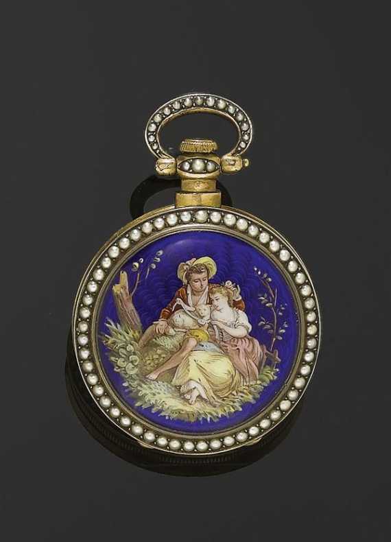 Appraisal: ENAMEL AND PEARL MINIATURE PENDANT WATCH ca Silver gold-plated Small