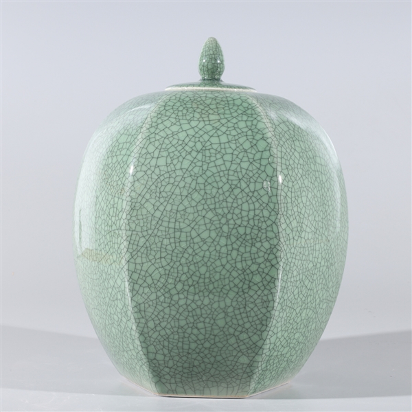 Appraisal: Chinese celadon crackle glazed faceted covered jar overall good condition