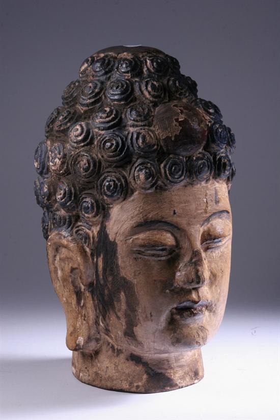 Appraisal: CHINESE POLYCHROME WOOD HEAD OF BUDDHA - in high