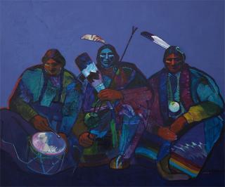 Appraisal: John Nieto ''Inter-Tribal Harmony'' three seated Indians with musical instruments