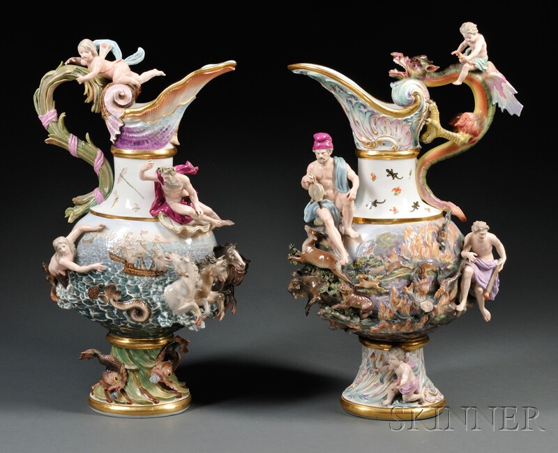 Appraisal: Two Meissen Porcelain Ewers Emblematic of Fire and Water c