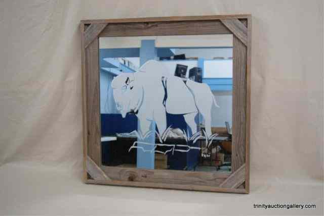 Appraisal: Barn Wood Framed Buffalo Etched Wall MirrorThis is a very