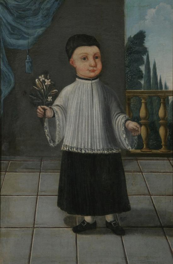 Appraisal: PORTUGUESE-AMERICAN SCHOOL th century PORTRAIT OF AN ACOLYTE oil on