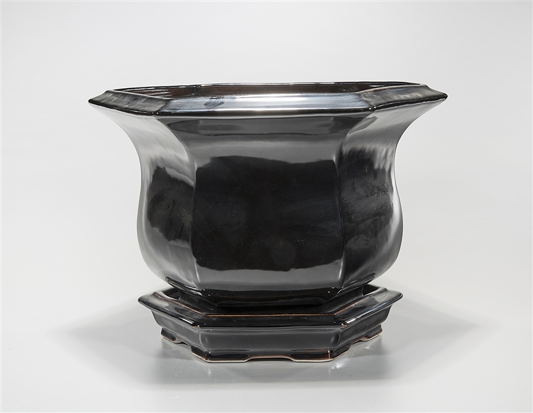 Appraisal: Chinese black glazed hexagonal planter with basin x overall approx