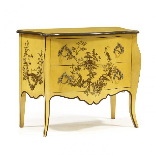 Appraisal: BAKER CHINOISERIE DECORATED COMMODE Late th century yellow lacquer with