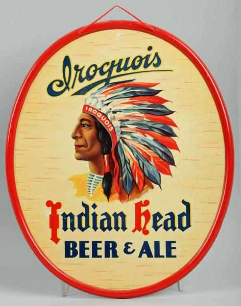 Appraisal: Iroquois Indian Head Beer Ale Tin Oval Sign Pre-prohibition Manufactured