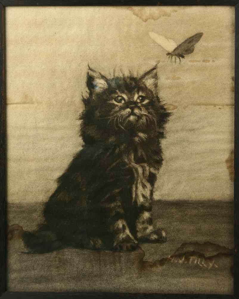 Appraisal: CHARCOAL DRAWING - Kitten with Butterfly by Howard Tilly ca