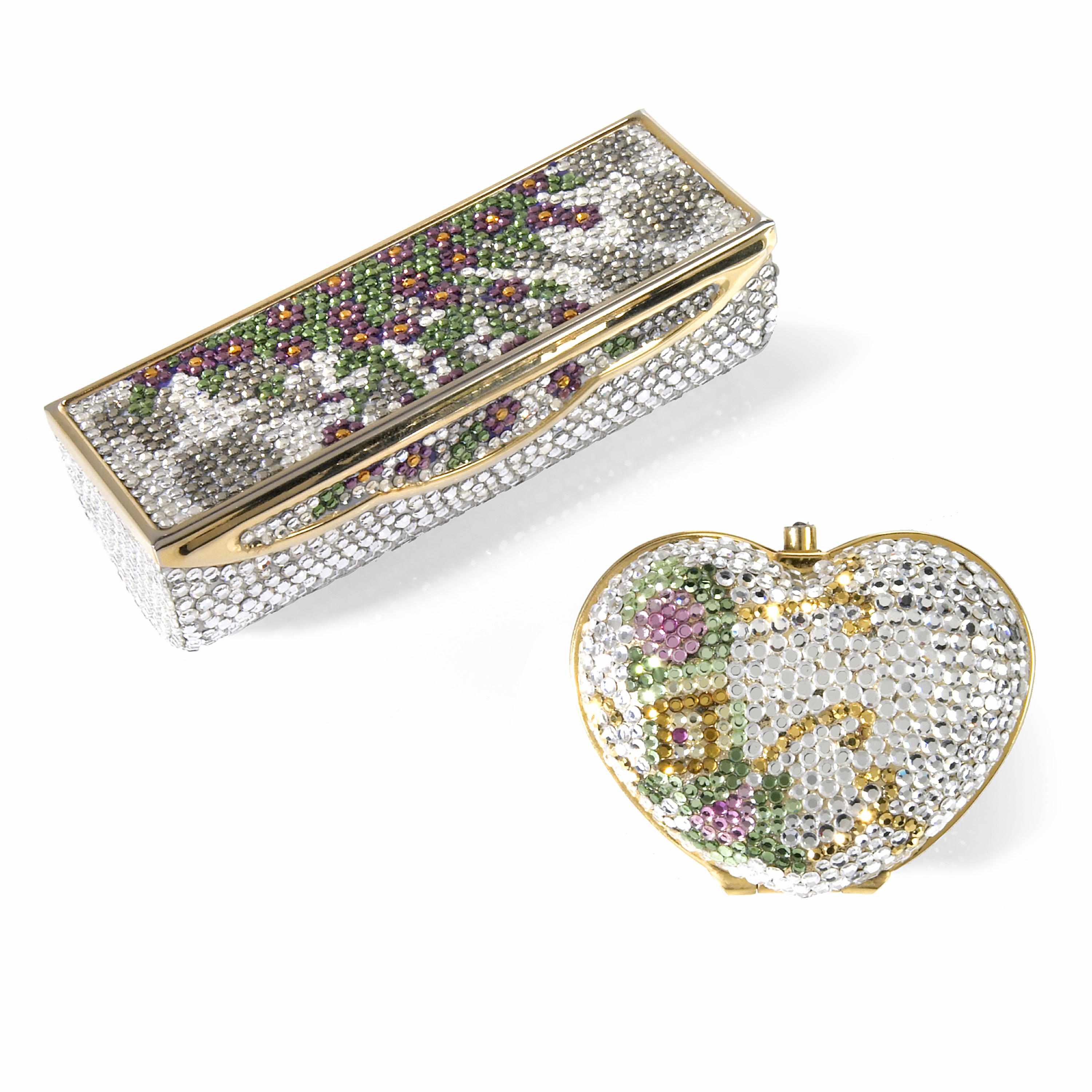 Appraisal: A silver and multi-colored crystal floral motif heart shaped pillbox