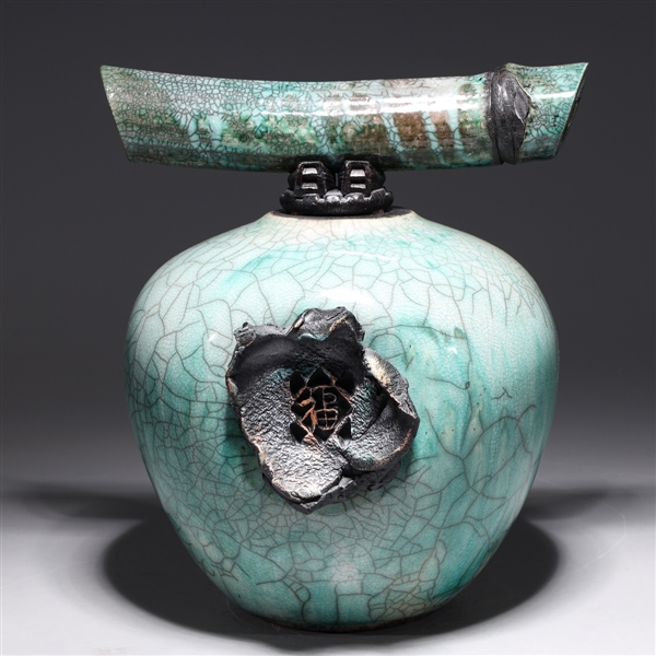 Appraisal: Matthew Lovein Raku Wish Keeper celadon crackle glazed pottery vase