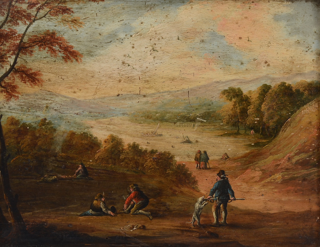 Appraisal: EARLY FLEMISH PAINTING TRAVELERS NEAR A RIVER Oil on Wood