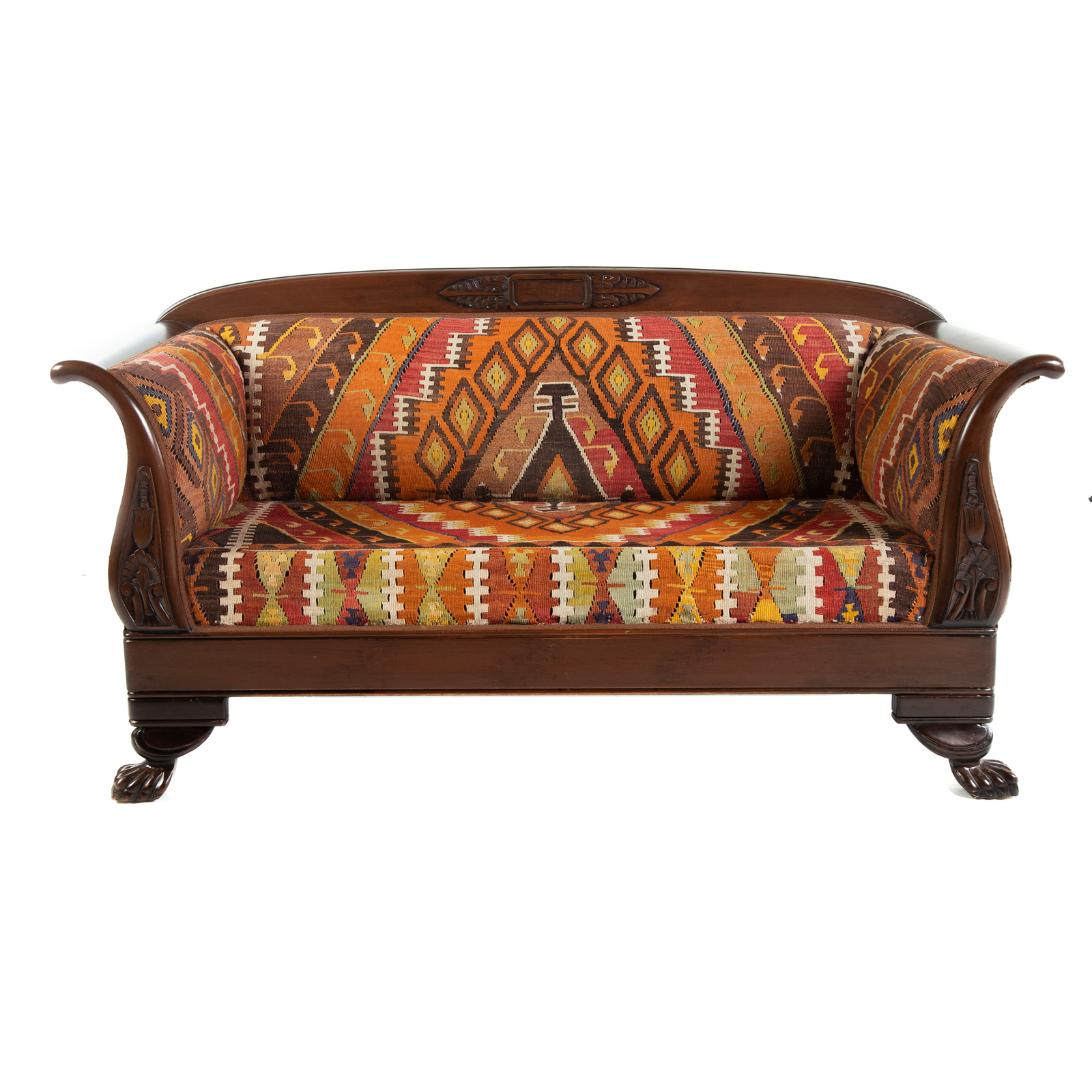 Appraisal: CLASSICAL STYLE MAHOGANY SOFA th century with paw feet and