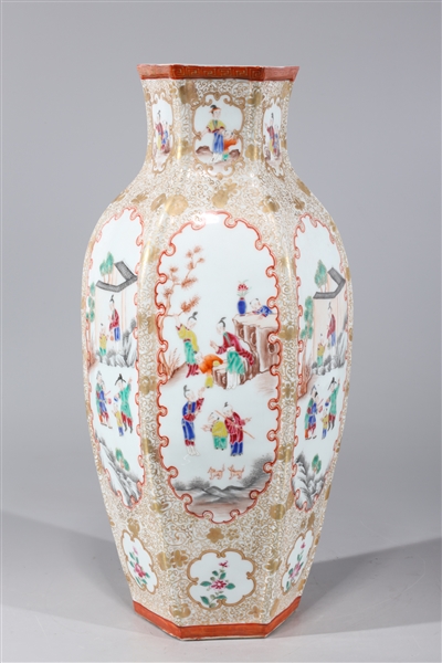 Appraisal: Chinese gilt enameled porcelain faceted hexagonal vase with figures to