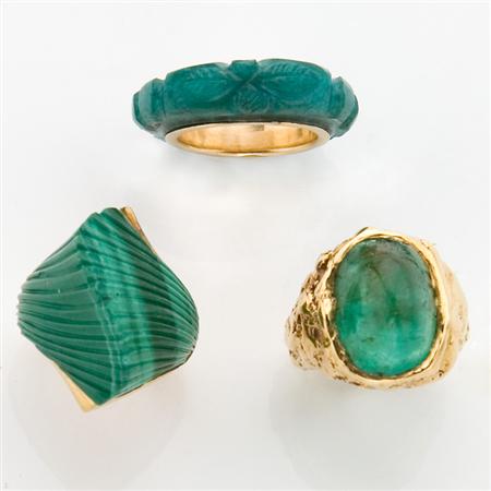 Appraisal: Group of Three Green Stone Rings Estimate -