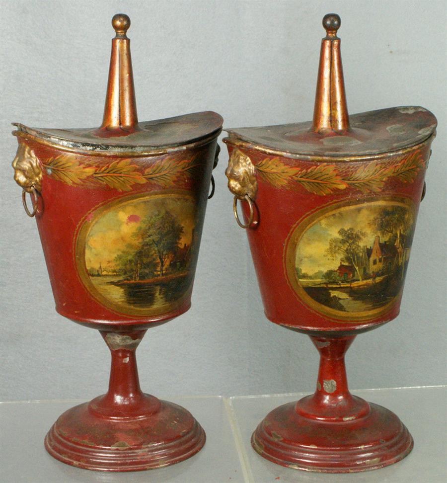 Appraisal: Pr painted toleware covered urns painted landscape scenes some paint