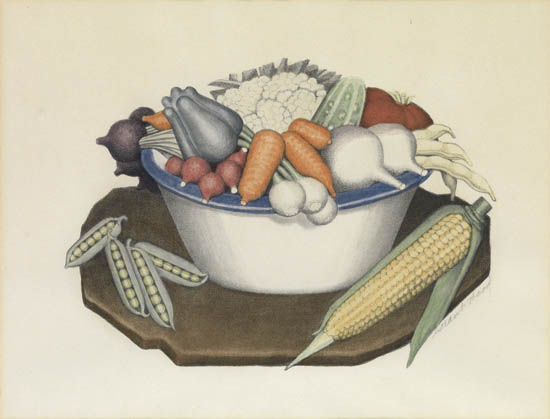 Appraisal: GRANT WOOD Vegetables Lithograph with hand coloring in watercolor x