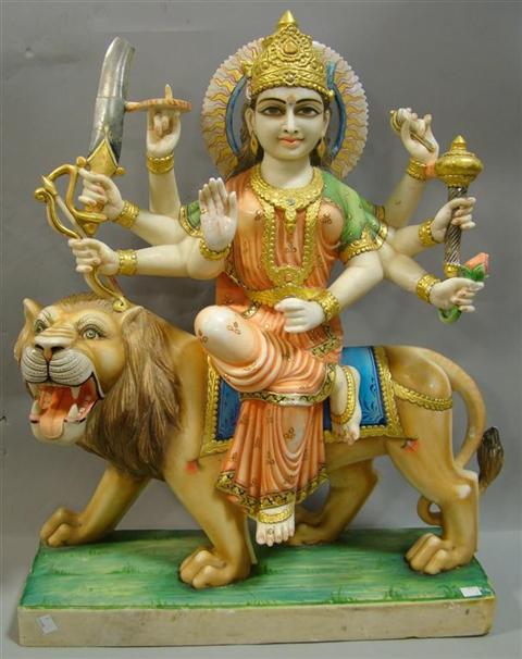 Appraisal: DURGA STATUE Polychrome marble Durga statue the multi-armed deity carved