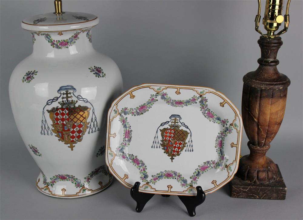 Appraisal: CHINESE EXPORT STYLE TABLE LAMP AND PLATTER AND A MARBLE