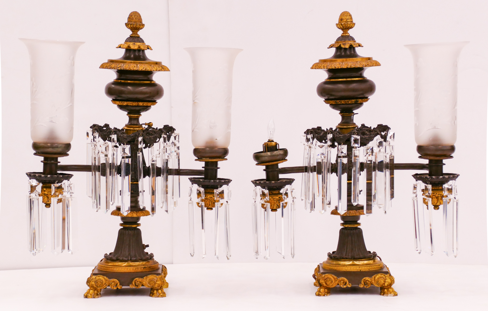 Appraisal: Pair French Gilt Bronze Double Lamps x x Pair of