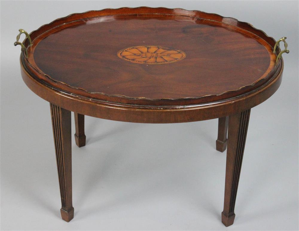 Appraisal: GEORGIAN STYLE BANDED AND INLAID MAHOGANY OVAL TRAY ON STAND