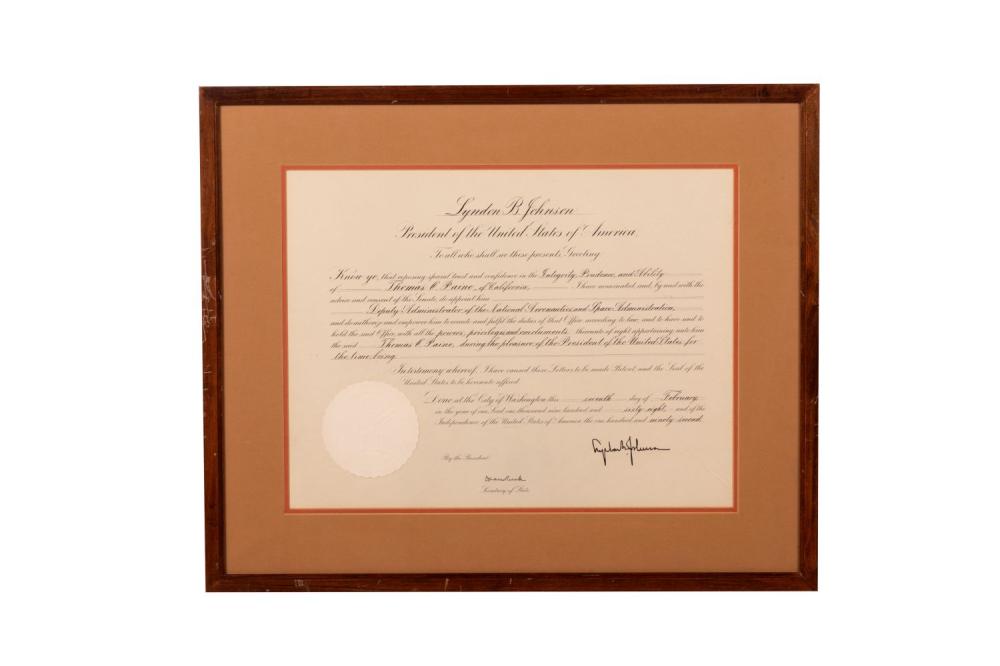 Appraisal: LYNDON B JOHNSON TO THOMAS PAINE FRAMED APPOINTMENTcirca document nominating