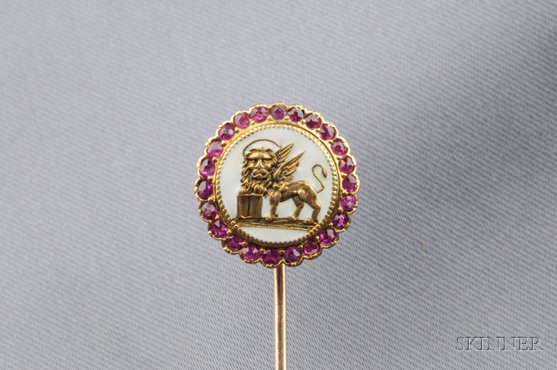 Appraisal: Antique Enamel and Ruby Stickpin depicting a winged lion on