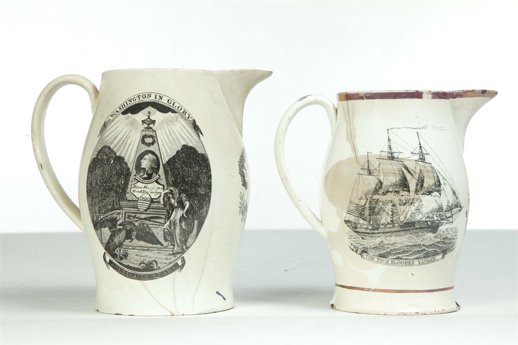 Appraisal: TWO LIVERPOOL JUGS WITH AMERICAN THEMES England ca Creamware Death