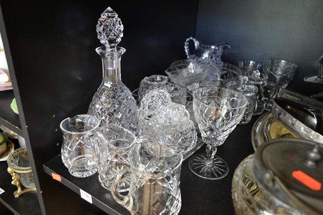 Appraisal: SHELF OF ASSORTED CRYSTAL ITEMS DECANTER DISHES JUGS ETC