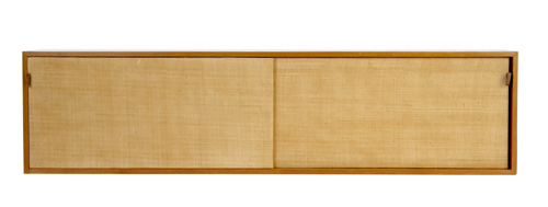 Appraisal: FLORENCE KNOLL KNOLL Wall-hanging cabinet with two grass cloth sliding