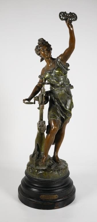 Appraisal: Large French figural sculpture of female figure holding a sign