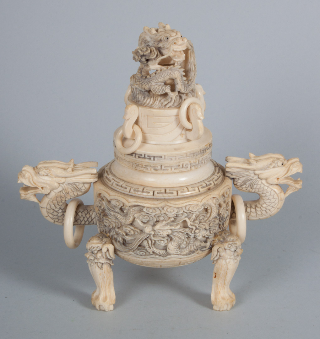 Appraisal: Chinese carved ivory censer tripod form with dragon handles lid