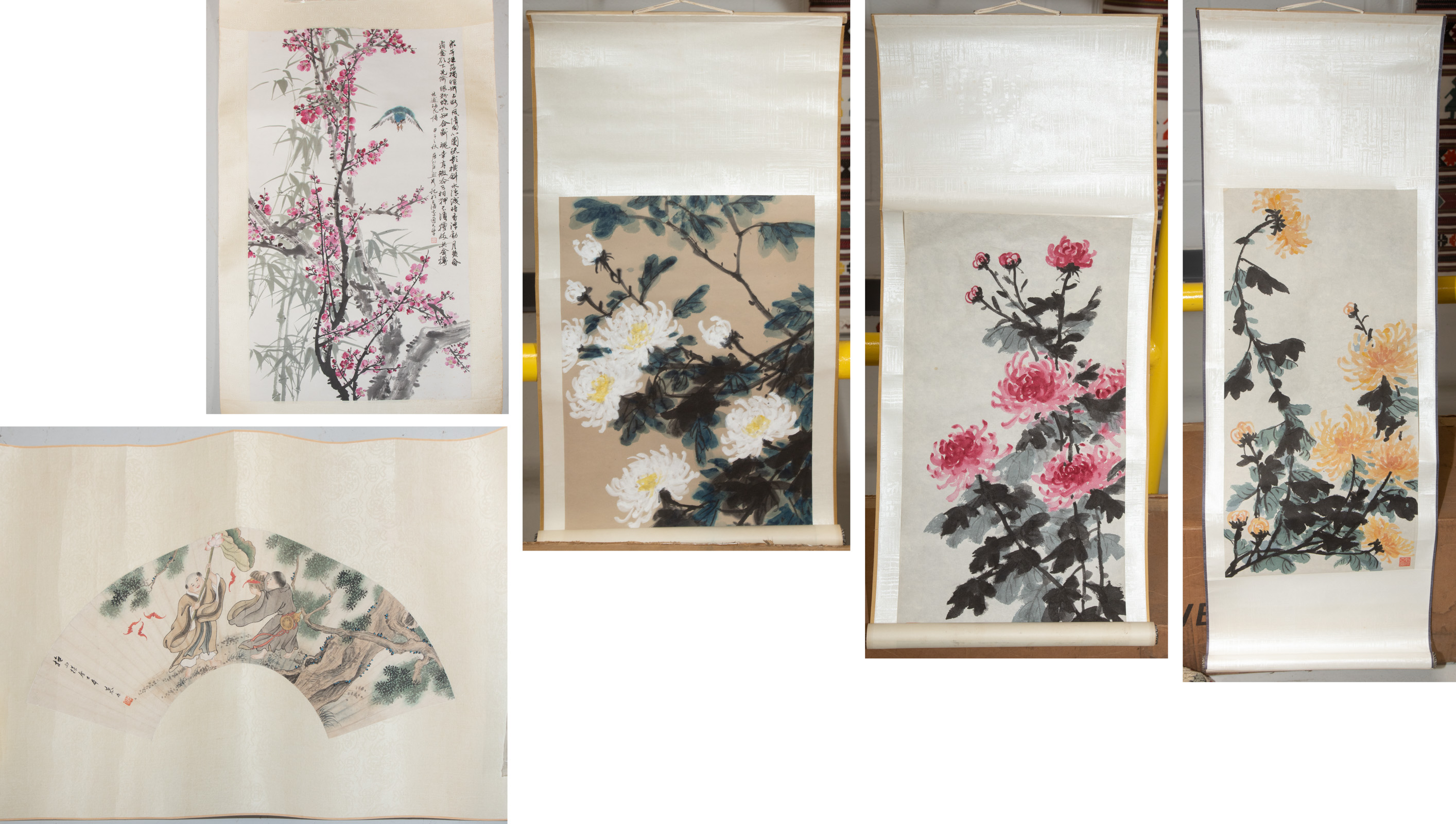 Appraisal: FIVE CHINESE SCROLL PAINTINGS Including an antique fan painting and