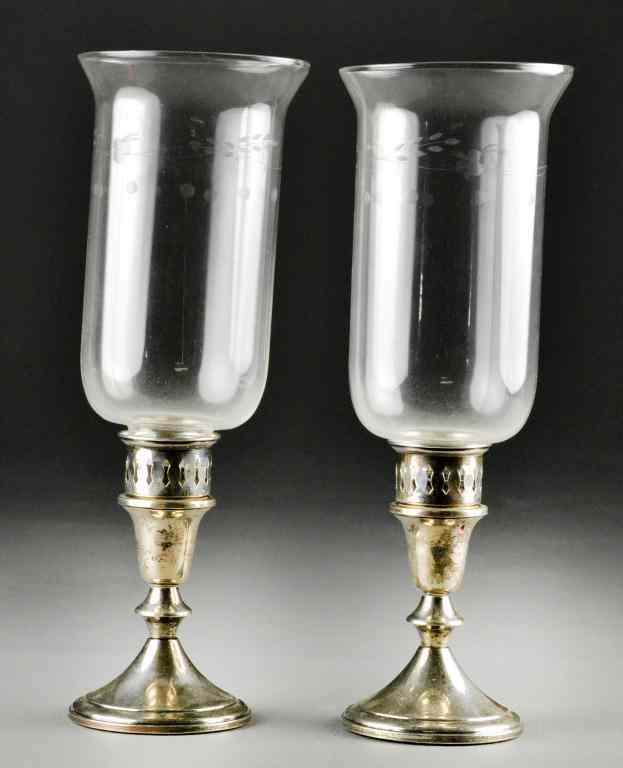 Appraisal: Pair of Sterling and Glass Weighted CandleholdersWeighter sterling bases with