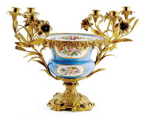 Appraisal: Ormolu-mounted Sevres porcelain candelabra centerpiece th century floral-painted squat vase