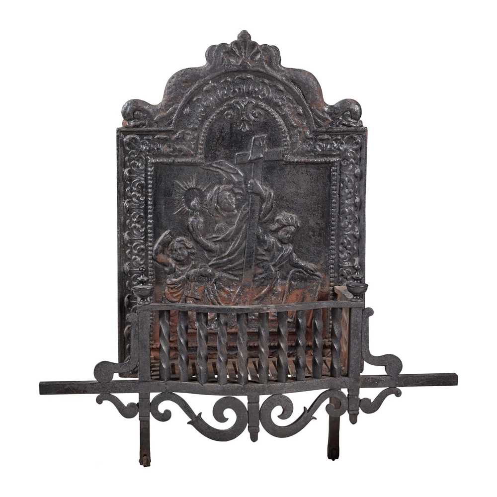 Appraisal: DUTCH CAST-IRON FIREBACK AND GRATE TH CENTURY the arched panel