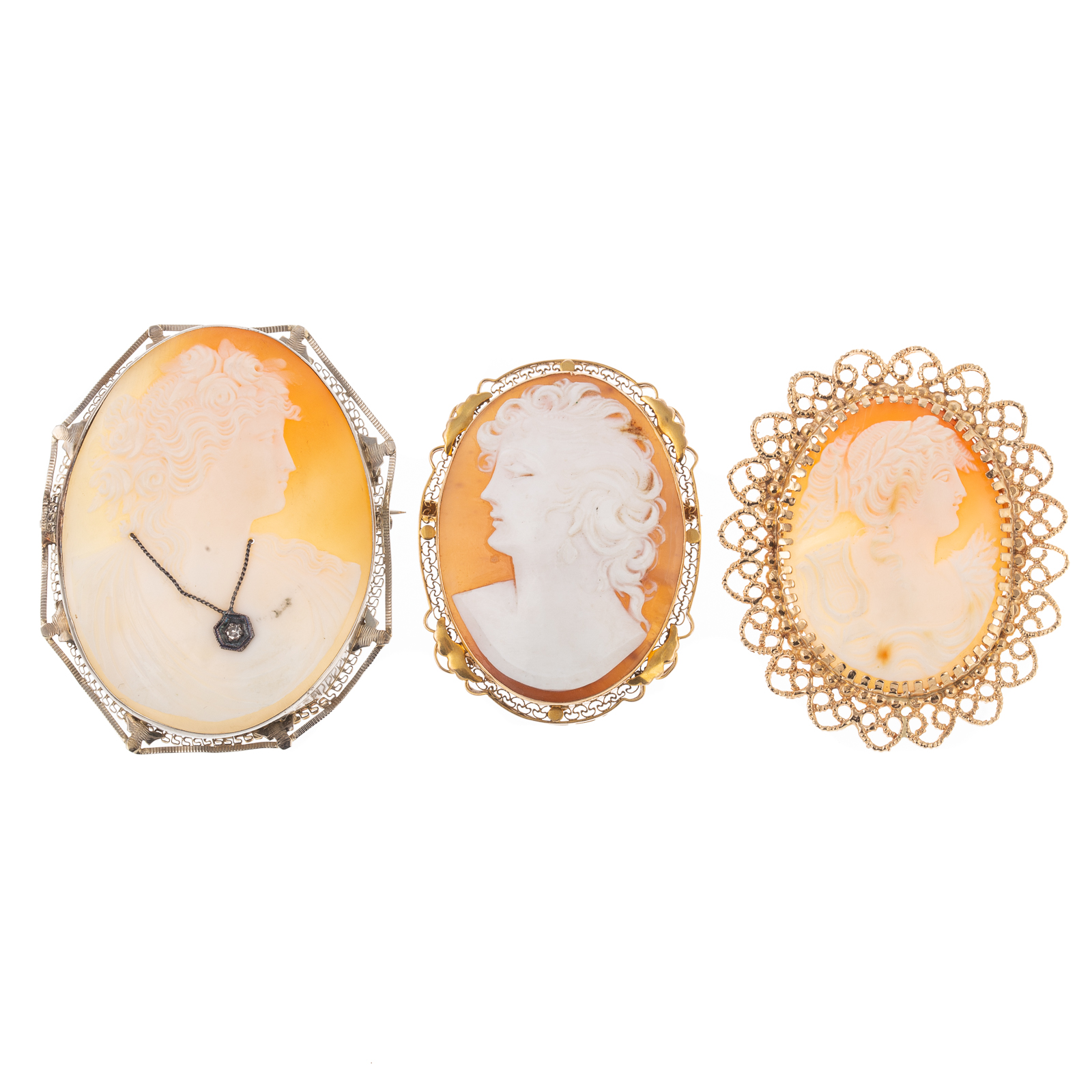 Appraisal: A TRIO OF SHELL CAMEO BROOCHES PENDANTS IN K K