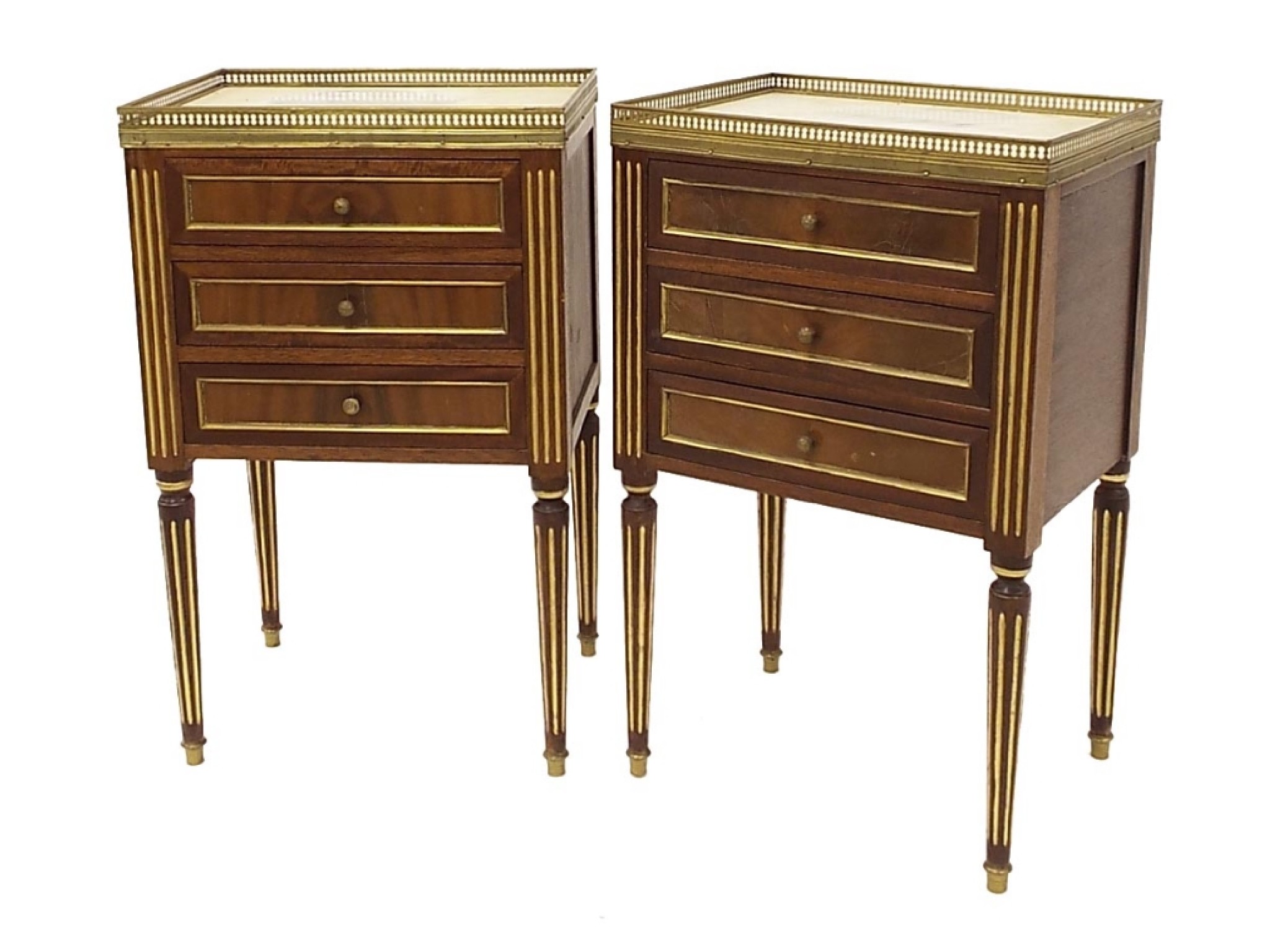 Appraisal: Pair of French style mahogany three drawer bedside chests the