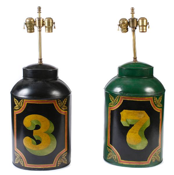 Appraisal: A pair of paint decorated tole canisters now mounted as