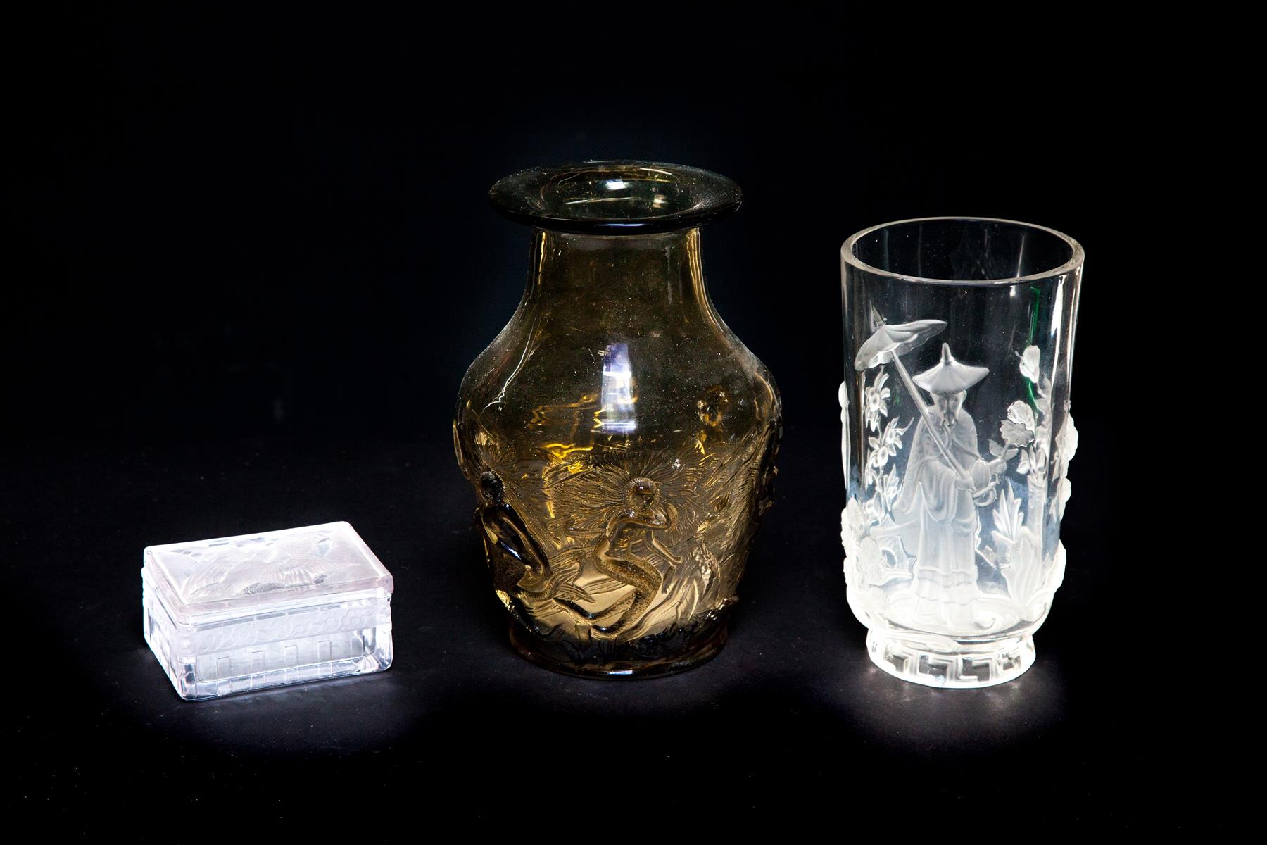 Appraisal: THREE PIECES OF VERLYS GLASS Twentieth century Pressed glass including