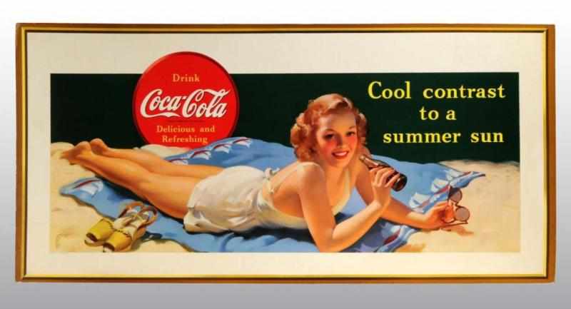 Appraisal: Cardboard Coca-Cola Girl on Beach Horizontal Sign Description Circa s