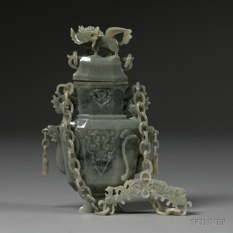 Appraisal: Jade Covered Jar China th century gray stone with black