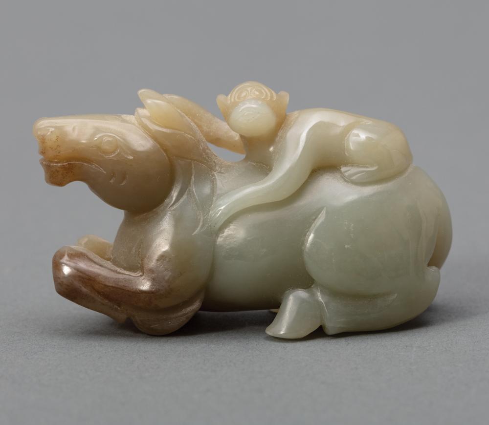 Appraisal: Chinese Celadon Jade Monkey and Horse Group h in l