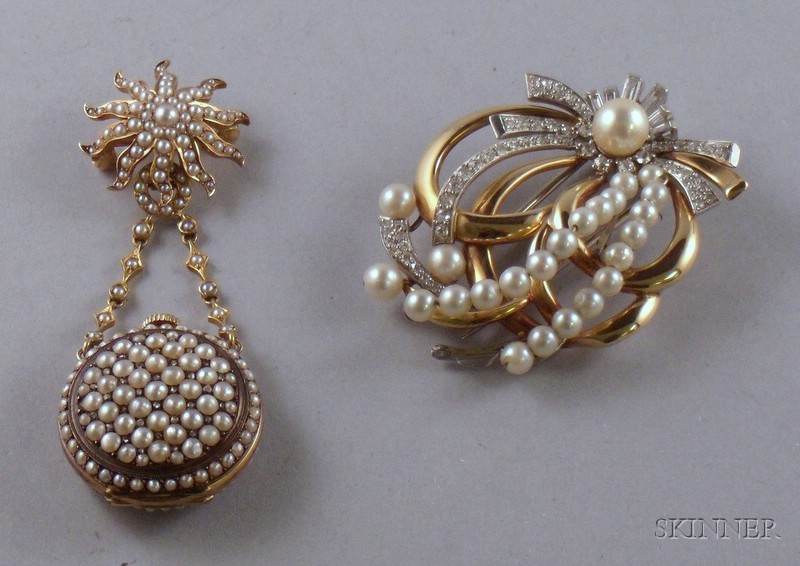 Appraisal: Retro kt Gold Diamond and Pearl Brooch Clip and an