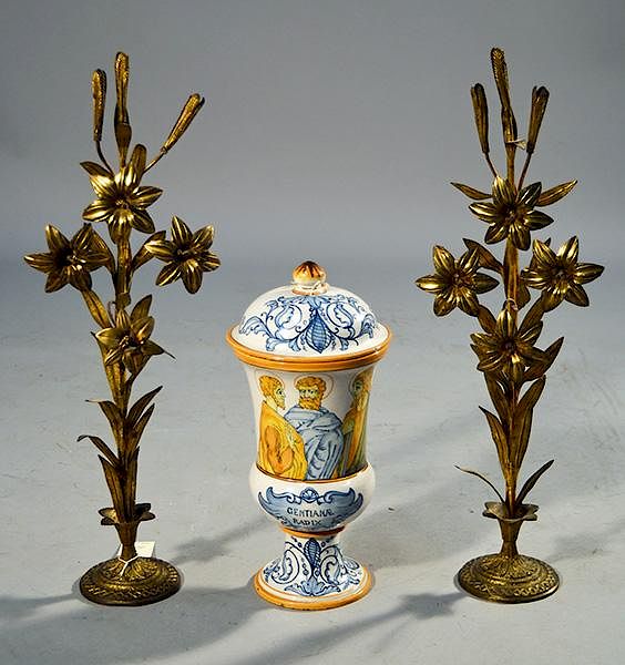 Appraisal: Italian Jar and Pair th C Table Decorations Italian faience