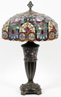 Appraisal: TIFFANY STYLE LEADED GLASS LAMP H DIA A modern Tiffany