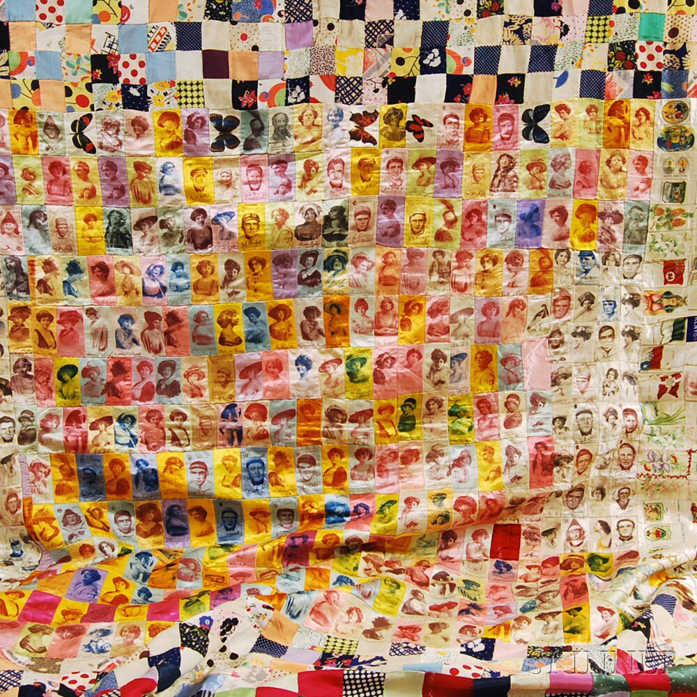 Appraisal: Vintage Tobacco Silk and Satin Pieced Quilt comprised of multicolored